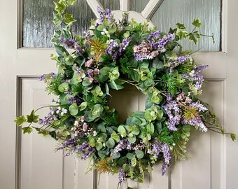 Wild lavender wreath for front door, summer meadow, Ivy and Eucalyptus Wreath, Cottage Decor, All Year Round Door Wreath