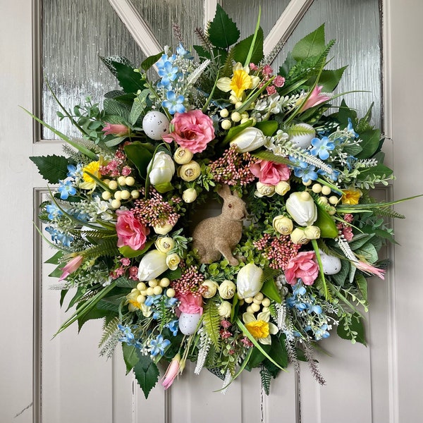 Large Easter Wreath For Front Door, Pastel Decor, Flocked Rabbit Decoration, Gift for Mothers Day, Large Spring Wreath