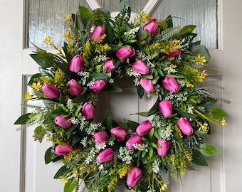 Corona de primavera grande para la puerta principal, corona de lujo con tulipanes, decoración de la puerta de la corona de tulipanes, corona de tulipán rosa, decoración de la cabaña