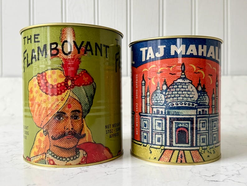 Retro Style Food Tin Can, Set of 2 Cans, 11 Styles Available Flamboyant Taj Mahal