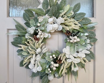 Exclusive Snowy Christmas Wreath for Front Door, Spruce Wreath with Lambs Ear, Lavender, Honesty, Berries and Natural Cones