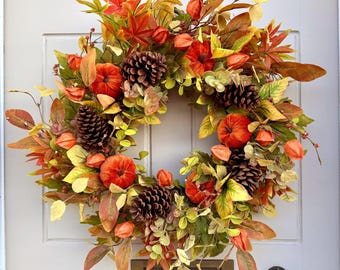 Autumn Pumpkin Wreath: Velvet Pumpkins, Natural Pinecones and Silk Leaves