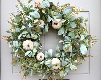 White Velvet Pumpkin Wreath: Lamb's Ear & Eucalyptus, Cottage Decor