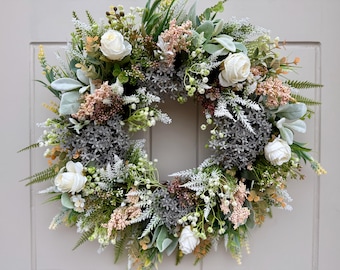 Nordic Rose Wreath, Lambs Ear and Eucalyptus, Cottage Decor