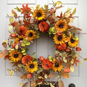 Rustic Pumpkin and Sunflower Wreath for Front Door, Pumpkin Wreath, Cottage Decor, All Year Round Door Wreath, Autumn Fruit