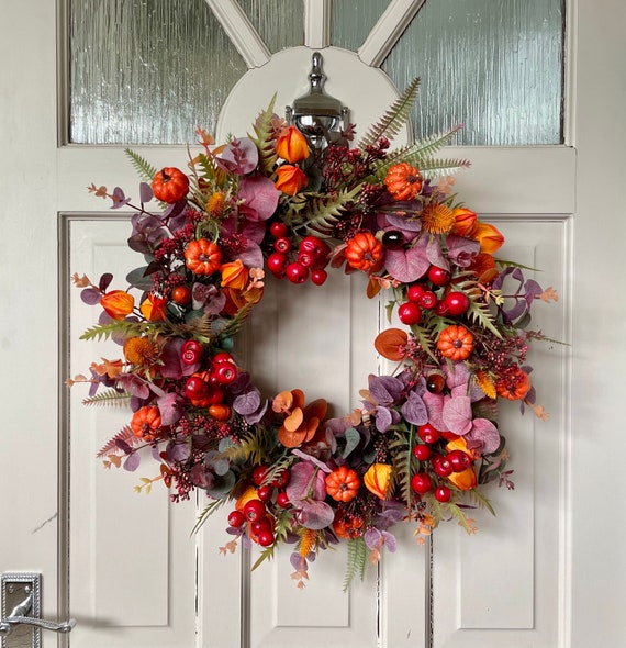Autumn Pumpkin & Berry Wreath: Cottage Front Door Decor
