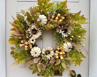 Autumn Pumpkin and Sunflower Wreath: Cottagecore Fall Door Decor