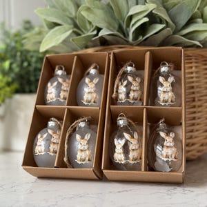 Könnte beinhalten: Satz mit sechs Glaskugeln, die jeweils ein Paar Kaninchen zeigen. Die Kugeln sind aus klarem Glas mit weißem Hintergrund und braunen Kaninchenillustrationen. Die Kugeln sind in einer braunen Pappbox verpackt.