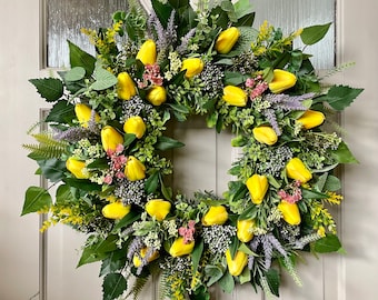 Large Spring Wreath for Front Door, Luxury Wreath with Tulips and Lavender, Tulips Wreath Door Decoration, Yellow Tulip Wreath