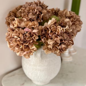 May include: A display of dried brown hydrangeas in a textured, off-white ceramic vase. The flowers have a delicate, layered appearance with hints of pink and green. The vase sits on a marble-effect surface, creating a neutral and elegant display.