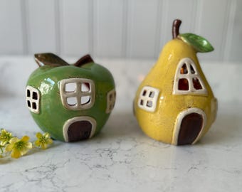 Fruit Ceramic House Tea Light Holder, Apple or Pear Tealight Holder , Cottage Decor