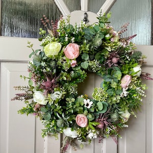 Wild flower wreath for front door, summer meadow, Lavender, Peony, Heather and Thistle, Cottage Decor, All Year Round Door Wreath image 5