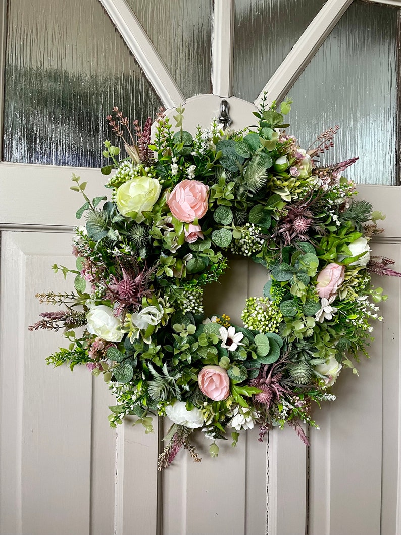 Wild flower wreath for front door, summer meadow, Lavender, Peony, Heather and Thistle, Cottage Decor, All Year Round Door Wreath image 5