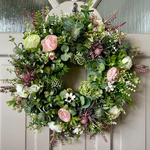 Wild flower wreath for front door, summer meadow, Lavender, Peony, Heather and Thistle, Cottage Decor, All Year Round Door Wreath 40 cm