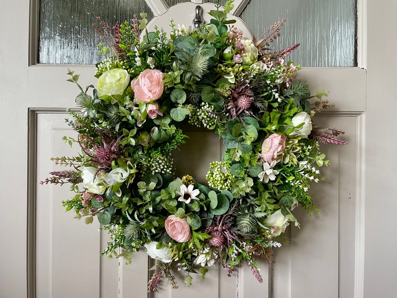 Wild flower wreath for front door, summer meadow, Lavender, Peony, Heather and Thistle, Cottage Decor, All Year Round Door Wreath 40 cm