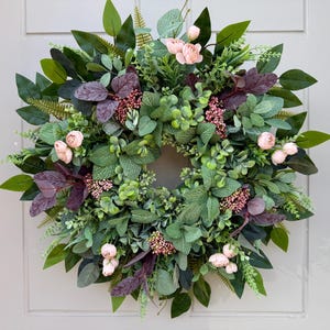 Floral Door Wreath: Silk Flowers, Berries & Eucalyptus - Cottage Decor