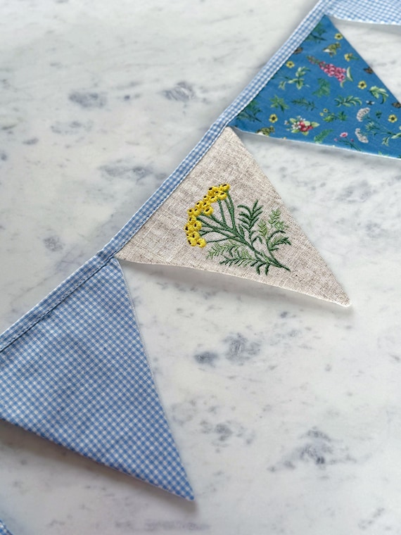 Wildflower Embroidered Linen Bunting, Cottage Decor