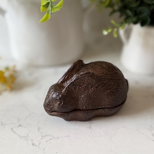 Op de afbeelding: Een bruin gietijzeren konijnenbeeldje met een scharnierend deksel. Het konijn ligt op zijn zij met zijn kop op zijn poten.