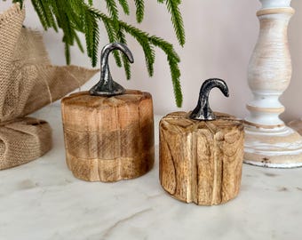 Lot de 2 citrouilles en bois, décoration d'automne en bois de manguier