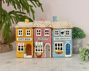 Ceramic Row of Three Houses Tea Light Candle Holder | Village House Candle Holder | Cosy Home Decor | Cottage Style Gift