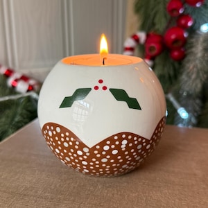 Ceramic Christmas Pudding Tea Light Holder, Cottage Decor
