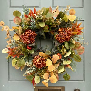 Autumn Wreath for Front Door, Pumpkin Wreath, Cottage Decor, All Year Round Door Wreath, Burnt Orange Door Decoration, Autumn Fruit