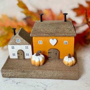 Autumnal Wooden Houses with Pumpkins, Cottage Decor