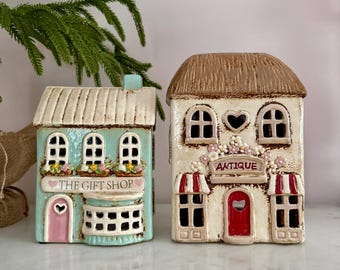 Hand Painted Ceramic Cottage Tea Light Holder, The Gift Shop or Antique Shop
