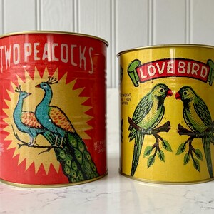 Retro Style Food Tin Can, Set of 2 Cans, 11 Styles Available Peacock and Birds