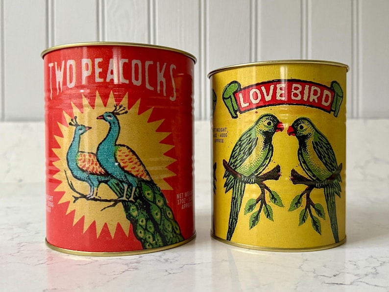Retro Style Food Tin Can, Set of 2 Cans, 11 Styles Available Peacock and Birds