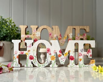 Freestanding Floral Print Wooden HOME Sign, 2 Colours Available