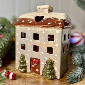 Ceramic Christmas Pudding House Tea Light Holder, Large Christmas Tea Light House, Cottage Decor