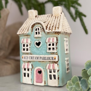 Ceramic Teal Village Ice Cream Shop Candle Holder