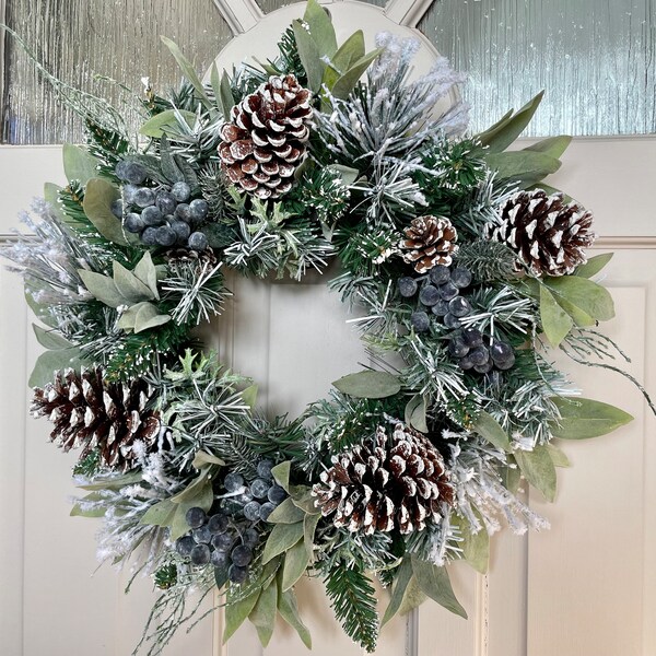 Snowy Christmas Wreath for Front Door, Spruce and Pine Wreath with Natural Cones and Berries, Cottage Decor, Woodland Wreath, Xmas Wreath