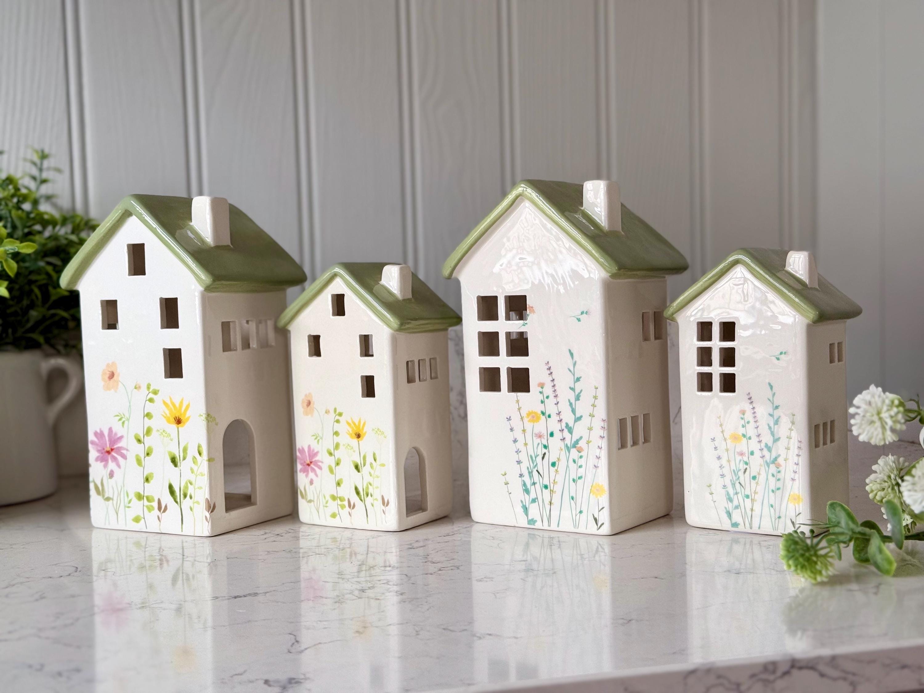 Meadow Flowers Ceramic House Tea Light Holder, 2 Sizes and 2 Assorted Designs Available , Cottage Decor