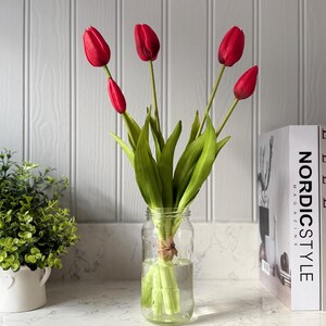 May include: A clear glass jar holds a bouquet of red tulips with green stems and leaves. The jar is tied with twine and sits on a white countertop. Decorative books and a small potted plant are in the background.