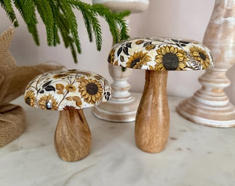 Handmade Sunflower Wooden Mushroom Ornament, 2 sizes Available, Cottage Decor