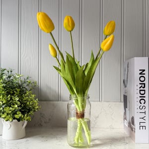 May include: A clear glass jar holds a bouquet of yellow tulips with green stems and leaves. The tulips are arranged in a vase with water. Two small white pots with green plants are on the left. Books with the titles "NORDIC STYLE" and "ELLE" are on the right.