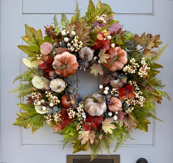 Autumn Pumpkin Wreath: Velvet Pumpkins, Berries & Silk Leaves