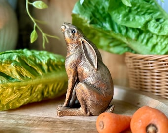 Bronzed Moon Gazing Hare Ornament, Cottage Decor