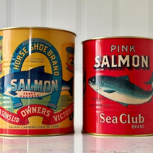 Retro Style Food Tin Can, Set of 2 Cans, 11 Styles Available Salmon