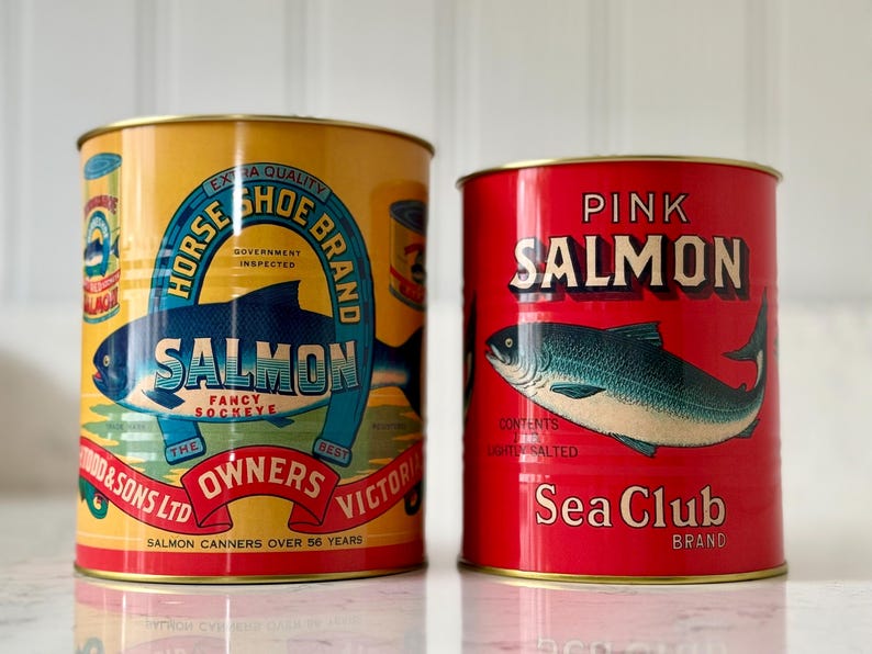 Retro Style Food Tin Can, Set of 2 Cans, 11 Styles Available Salmon