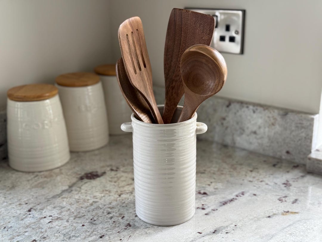 Scandi Kitchen Utensil Holder, Beige Ceramic Pot With Handles, Ribbed ...