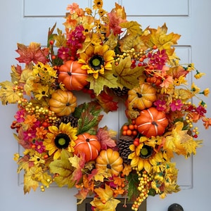Autumn Pumpkin and Sunflower Wreath for Front Door, Pumpkin Wreath, Cottage Decor, All Year Round Door Wreath, Autumn Fruit