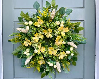 Floral Front Door Wreath: Silk Roses & Eucalyptus, Cottage Decor