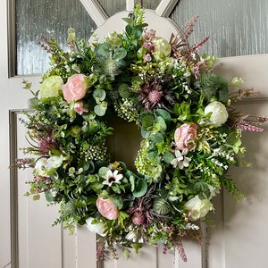 Wild flower wreath for front door, summer meadow, Lavender, Peony, Heather and Thistle, Cottage Decor, All Year Round Door Wreath image 4