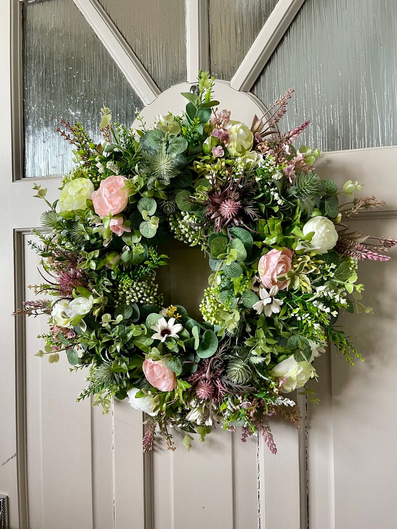 Wild flower wreath for front door, summer meadow, Lavender, Peony, Heather and Thistle, Cottage Decor, All Year Round Door Wreath image 4