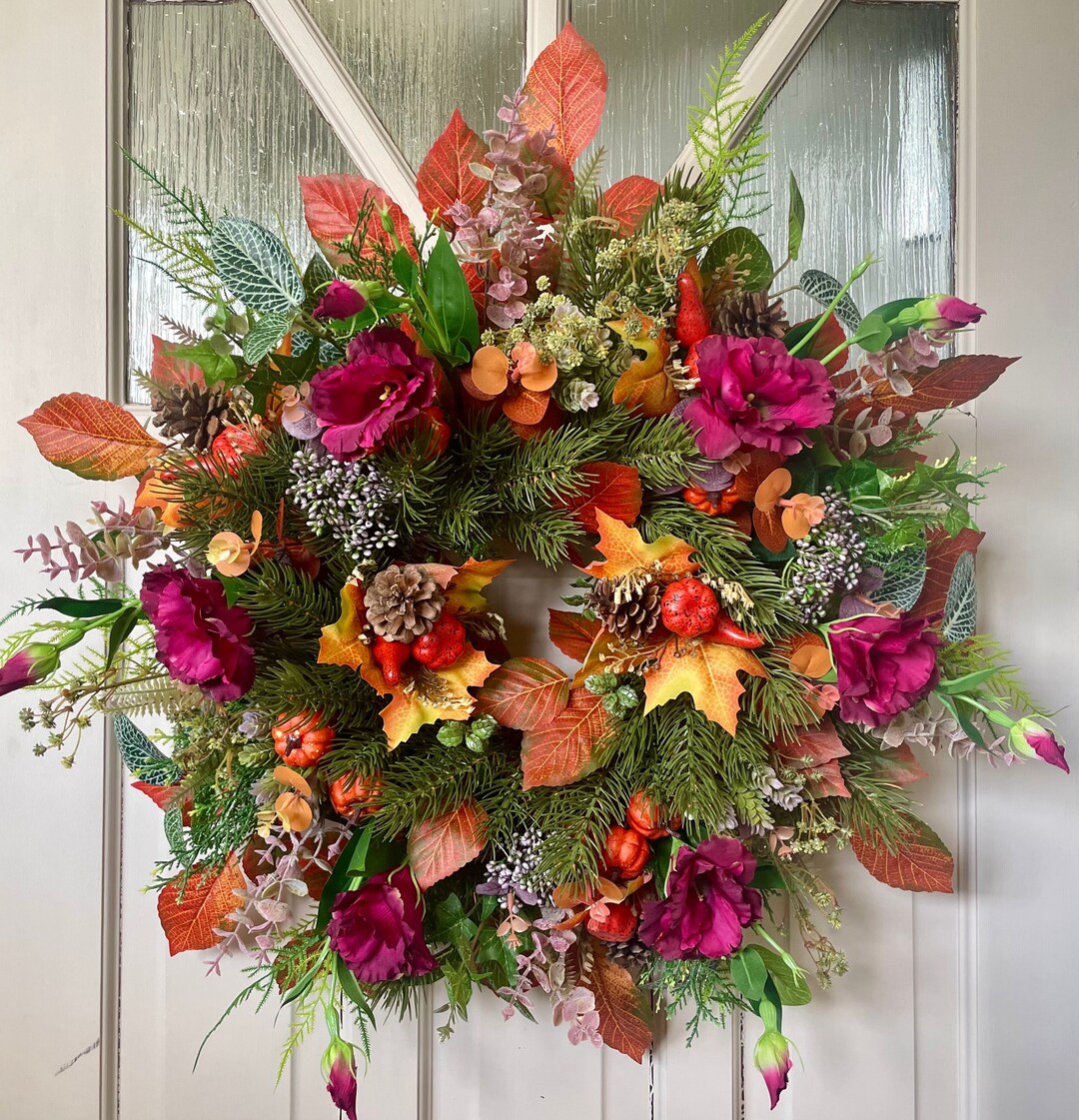 Large Autumn Wreath for Front Door, Pumpkin Wreath, Cottage Decor, All ...