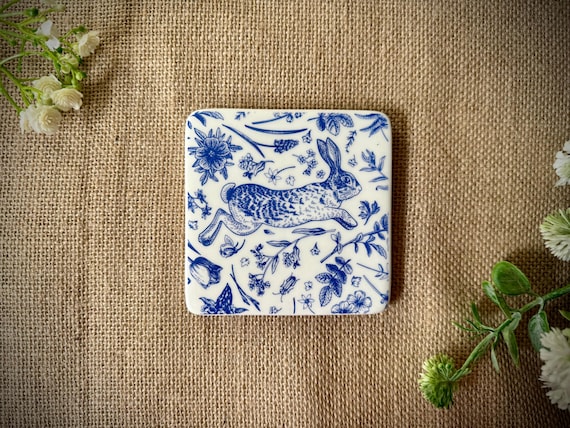 Blue Hare Ceramic Coaster, Cottage Decor