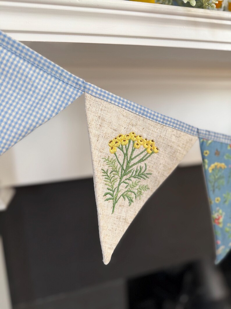 Wildflower Embroidered Linen Bunting, Cottage Decor image 9